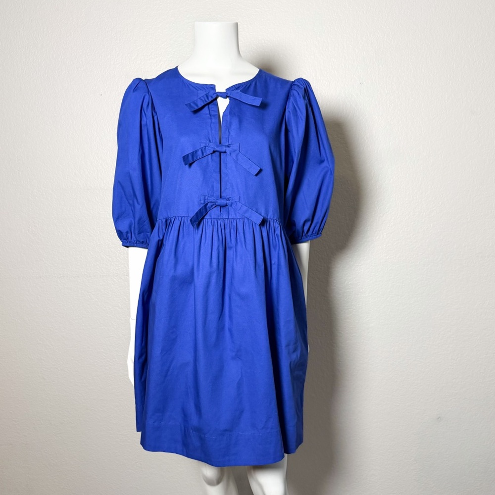 Band of the Free Blue Puff Sleeve Mini Dress Cotton Cobalt Blue Large - Picture 2 of 7
